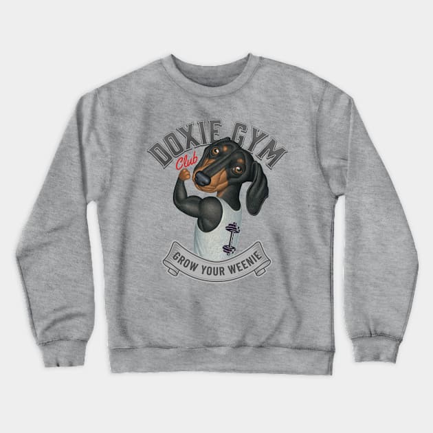 Cute Doxie Dog going to Doxie Gym in Gray trim Crewneck Sweatshirt by Danny Gordon Art